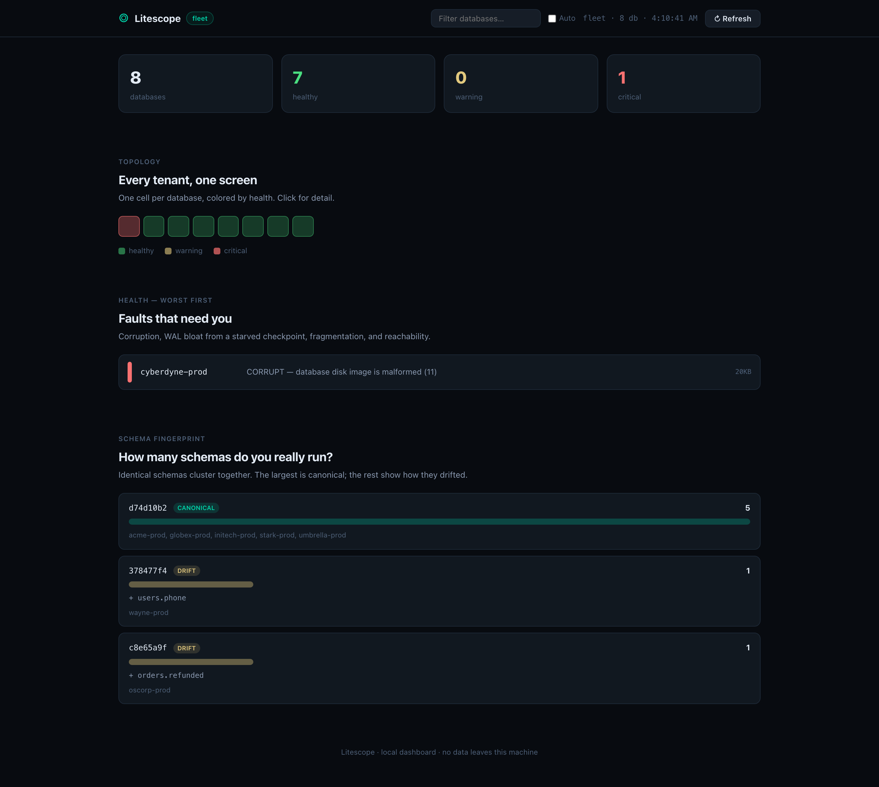 Litescope dashboard — fleet health, topology map, fault triage, and schema fingerprint on one screen